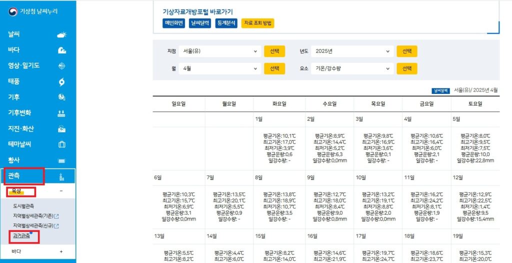5년 이전의 날씨를 확인하고 싶으신 경우, 기상청 날씨누리 홈페이지를 방문하시면 과거 날씨를 확인해 보실 수 있습니다.

기상청 날씨누리 홈페이지의 좌측 목록에서 관측 >>. 육상 >>> 과거관측 순으로 선택을 하시고,