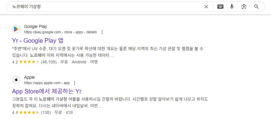 노르웨이 기상청 날씨 확인 바로가기. yr. no 날씨 어플 추천.